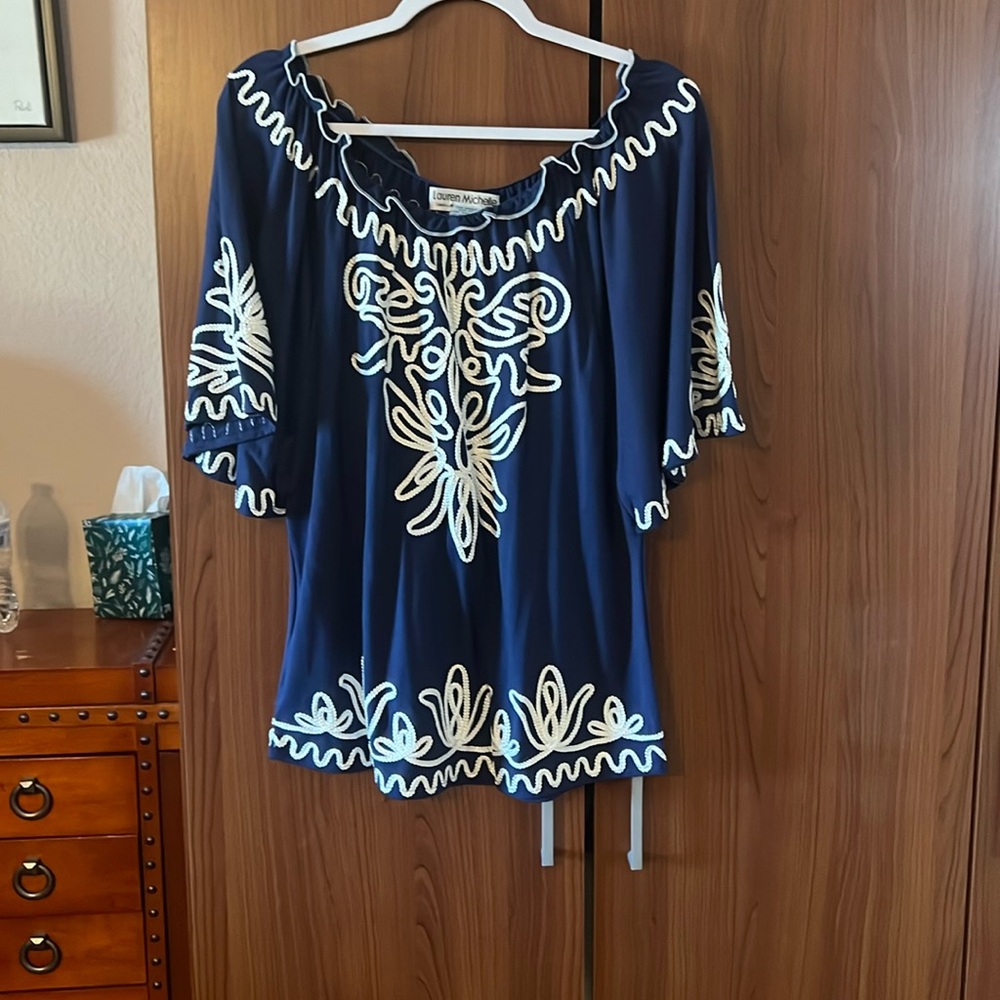 Navy blue with white embroidery